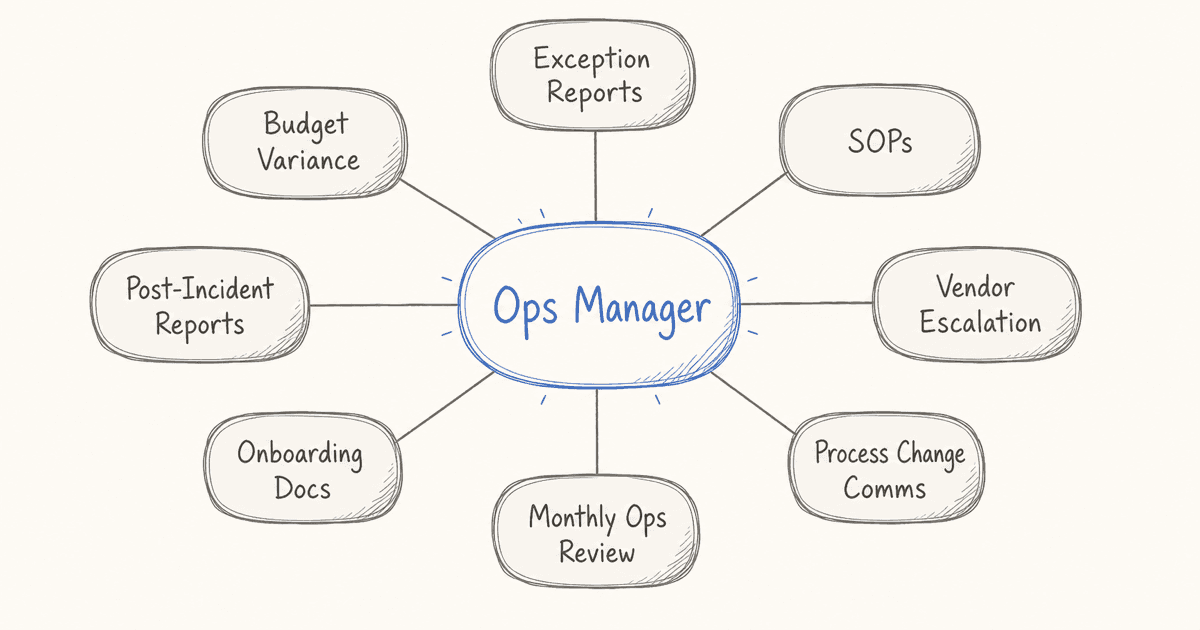 Blueprint diagram showing an ops professional at a desk surrounded by labeled output types: reports, SOPs, emails, dashboards, all connected by a circular 5C loop