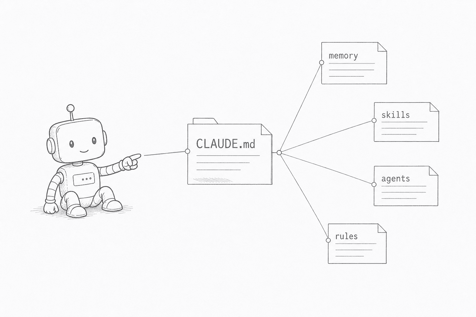 A robot points along a blue line to a CLAUDE.md folder, which fans out in muted gray to memory, skills, agents, and rules