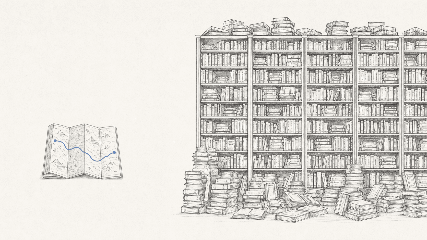 A small pocket map with one highlighted route beside a huge cluttered wall of library books