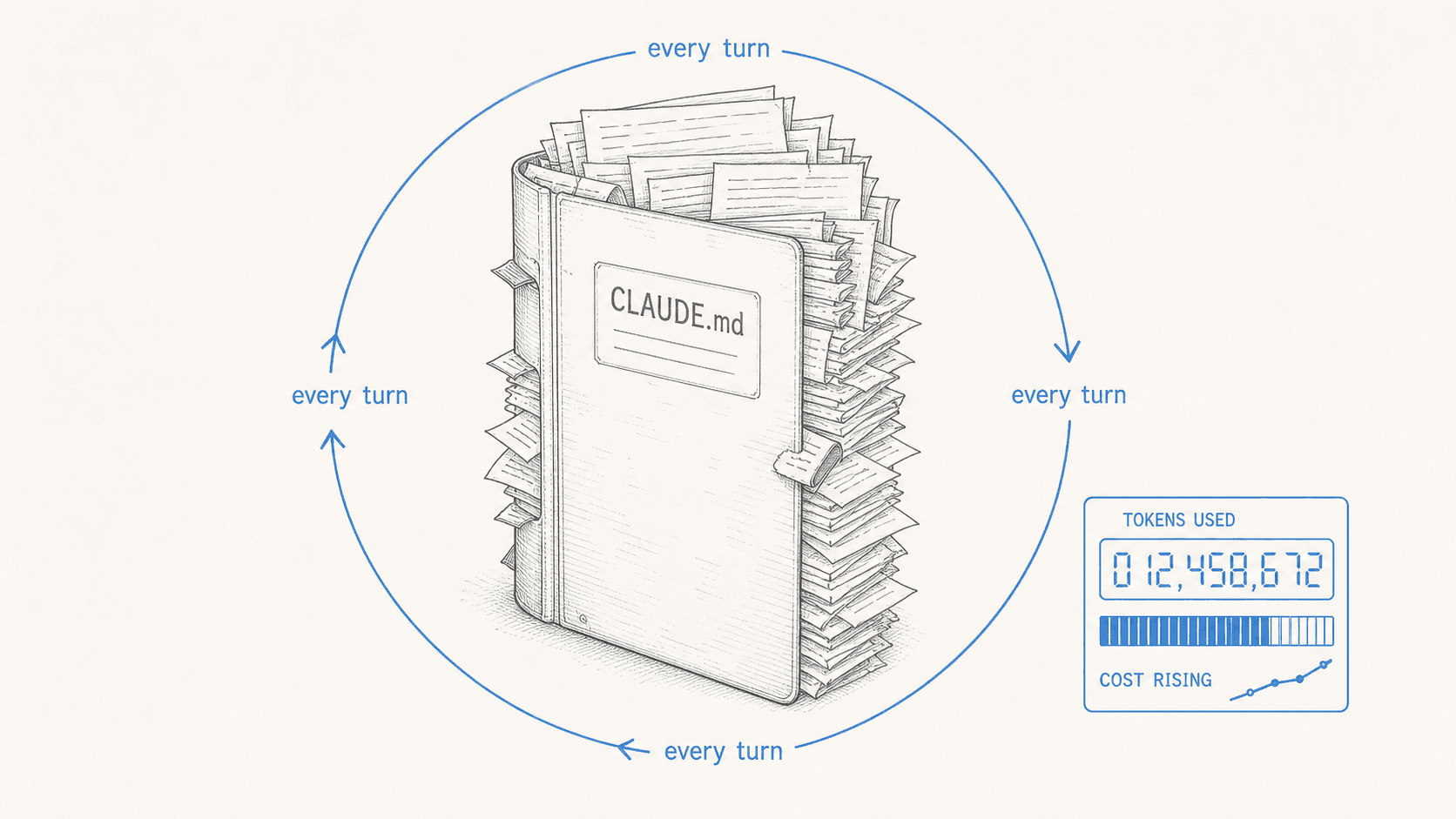 A bloated CLAUDE.md file with every-turn loop arrows around it and a rising token-cost meter