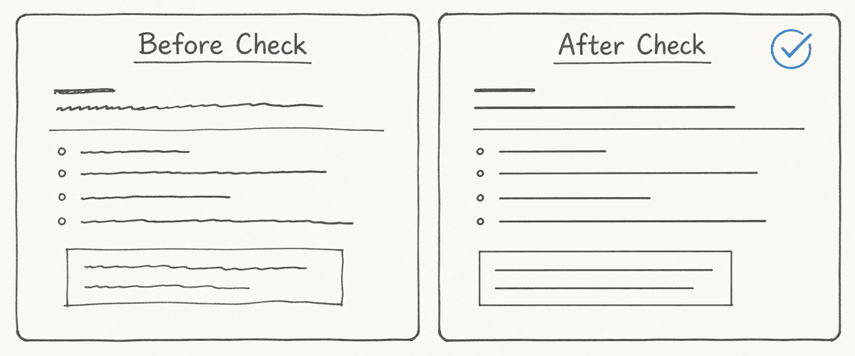 Blueprint split view: left panel shows a Claude output with three sections circled for review (facts, tone, sensitive content), right panel shows the same doc with corrections applied and a check mark