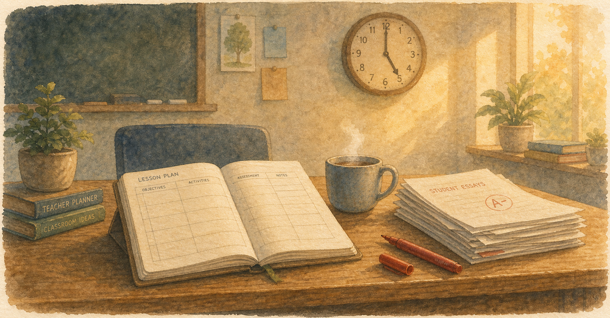 Watercolor illustration of a teacher's desk with lesson plan book, marking pen, essays, and coffee, warm classroom light