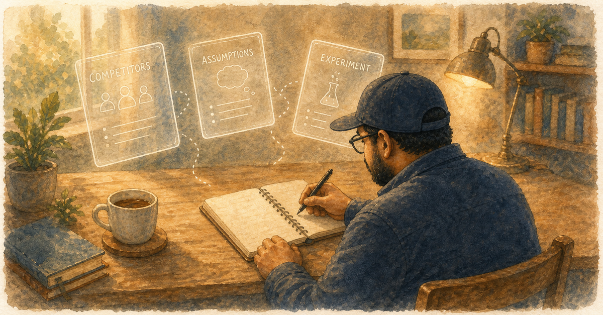 Watercolor illustration: bearded man at desk with floating cards labelled COMPETITORS, ASSUMPTIONS, EXPERIMENT