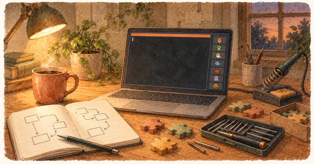 Watercolor illustration of a tinkerer's desk with a laptop being modded