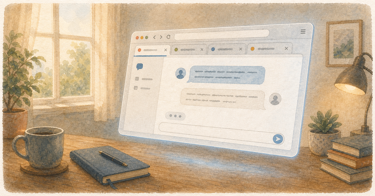 Watercolor illustration of a browser window with tabs, one showing a Claude chat panel, soft morning light