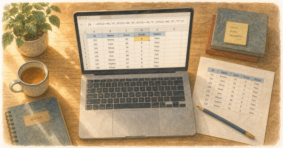Watercolor illustration of a laptop with a spreadsheet open, formula visible in the formula bar, afternoon lamplight