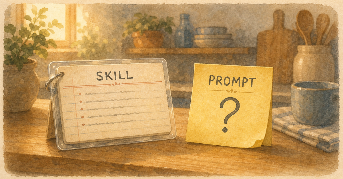 Watercolor illustration for: skills vs prompts