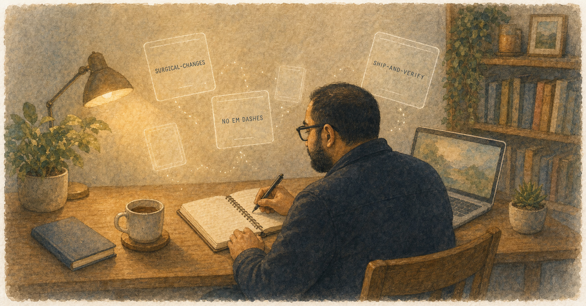 A figure at a desk with floating ghost-line rule cards above, soft watercolor illustration